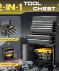 Beefy Heavy Duty Eight Drawer Rolling Tool Chest With Lock Detachable Cabinet Cart On Wheels High Capacity Mechanic Tool Organizer For Garage Workshop And Warehouse Storage, black unit with open drawers and cabinets, showing tools.