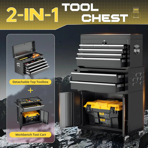 Beefy Heavy Duty Eight Drawer Rolling Tool Chest With Lock Detachable Cabinet Cart On Wheels High Capacity Mechanic Tool Organizer For Garage Workshop And Warehouse Storage, black unit with open drawers and cabinets, showing tools.