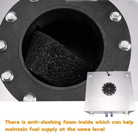 Close-up of Universal 15 Gallon Aluminum Fuel Cell Tank With Cap And Level Sender Anti Slosh Foam Lightweight Durable 60L