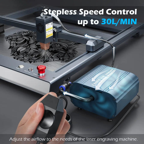Air Assist Pump For Laser Engravers And Cutters With Adjustable 0 To 30 Lpm Airflow installed on laser engraver
