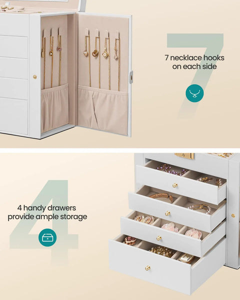 5-Tier Jewelry Box Organizer With 4 Drawers Lockable Mirrored Case Cream White showing open drawer and necklace hooks