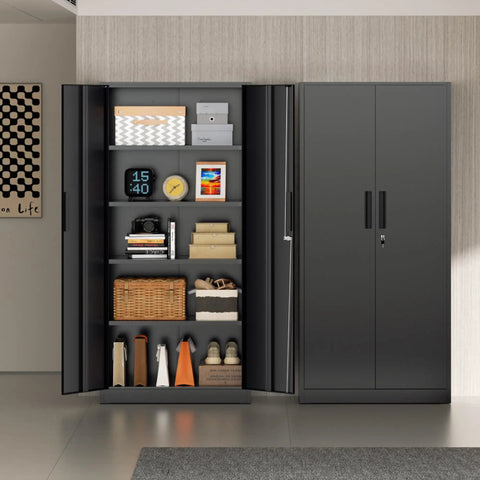 72 Inch Heavy Duty Metal Garage Storage Cabinet with open doors showing organized shelves, tall lockable tool cabinet for home garage or office.