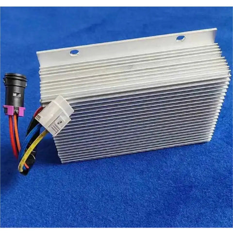 Heavy Hitter 500 Watt 48V To 12V Isolated DC To DC Converter For Electric Vehicles with wiring connectors on blue background.