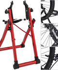 Bike Wheel Truing Stand With Ruler And Thimble, Foldable Aluminum Alloy Build, red frame, for 24, 26, 28 inch bikes, side view
