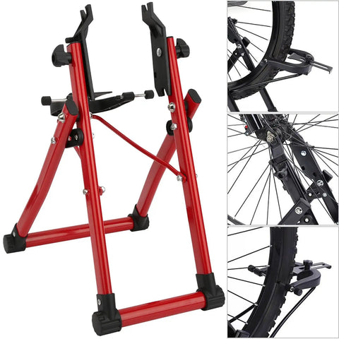 Bike Wheel Truing Stand With Ruler And Thimble, Foldable Aluminum Alloy Build, red frame, for 24, 26, 28 inch bikes, side view
