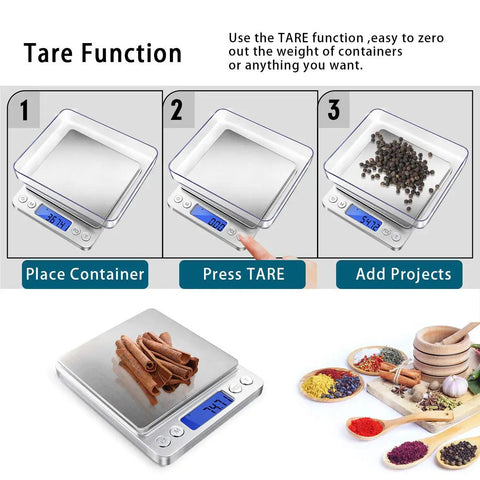 Compact 500g Digital Gram Scale With 0.01g Precision For Jewelry And Kitchen Use, Sweet For Herbs, Powder, Gold And Coins, 6 Units Of Measurement Including Grams Ounces Grains Troy Ounces Pennyweights And Carats Backlit Display showing tare function steps with spices