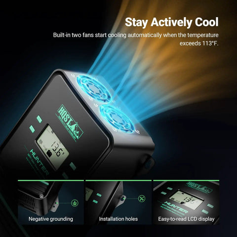 100 Amp MPPT Solar Charge Controller with cooling fans, LCD display showing temperature, for 12V to 48V systems with Bluetooth app control.