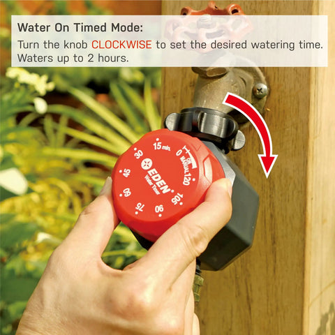 Person adjusting the dial of a Mechanical Hose Timer For Lawn And Garden, One Zone Sprinkler Controller for up to 2 hours.