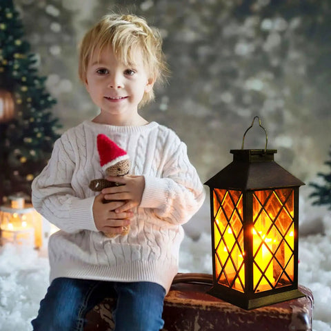 Child next to Flickering Lantern With 3 Flameless Candles, Waterproof PVC Garden Hanging Lights for patio decor