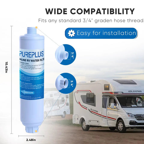 Slick Rv Water Filter System For Garden Pool Spa Camper Marine Boat Hose with installation details and dimensions shown.