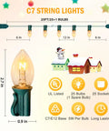 C7 string lights diagram showing 25ft length, UL listed 25 bulbs, 0.9 in diameter, and E12 base for Christmas decor.