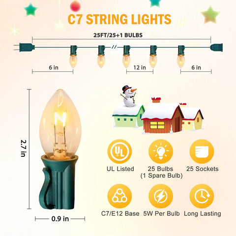 C7 string lights diagram showing 25ft length, UL listed 25 bulbs, 0.9 in diameter, and E12 base for Christmas decor.