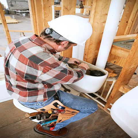 Man in plaid shirt and hard hat working on a toilet installation, with a tool belt, in a partially constructed wooden room.