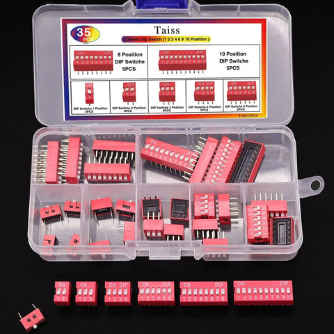 35 Piece Dip Switch Kit With Double Row On Off Slide Type Dip Switches 1 2 3 4 6 8 10 Position 2.54mm PCB Mountable Red Toggle Switches