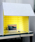 Pro Level Desktop Soundproof Mic Booth With Heavy Duty Polyester Panels And Flame Resistant Acoustic Padding For Podcaster Streamer And Home Studio Noise Blocking Kit, compact yellow and gray isolation booth.
