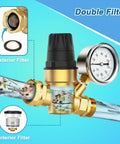 Solid Brass RV Water Pressure Regulator With Built In Gauge And Adjustable Valve showing double filter setup for camper plumbing.