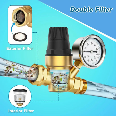 Solid Brass RV Water Pressure Regulator With Built In Gauge And Adjustable Valve showing double filter setup for camper plumbing.