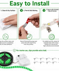 Easy installation steps for Battery Powered Boat LED Strip Lights No Wiring Needed 16.4ft Green Glow, showing cleaning, peeling, and securing.