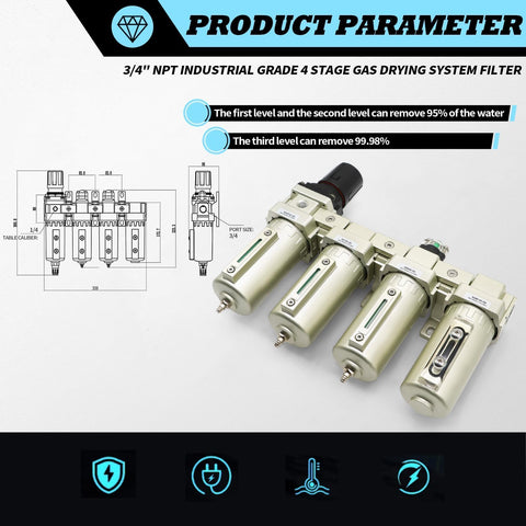 Pro Grade Four Stage Gas Drying System With Coalescing Filter And Desiccant Dryer For Three Quarter Inch NPT Lines on display