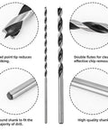 Pro Grade Extra Long 12 Inch Brad Point Drill Bit Set 12 Pack With Handy Storage Sleeve features and design close-up.