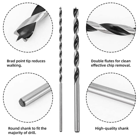 Pro Grade Extra Long 12 Inch Brad Point Drill Bit Set 12 Pack With Handy Storage Sleeve features and design close-up.