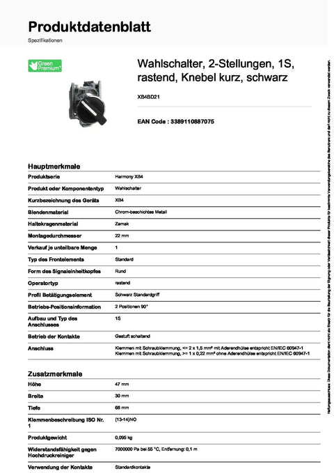 Product data sheet for XB4BD21 2 Position Selector Switch With Metal Bezel For Industrial Machinery Stay Put 1NO Operation.