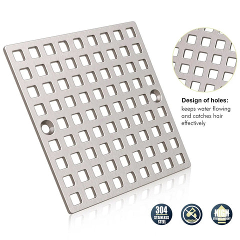 Built Tough Brushed Nickel Square Shower Drain Cover 3-7/8 Inches Wide rust resistant stainless steel floor insert with grid design.