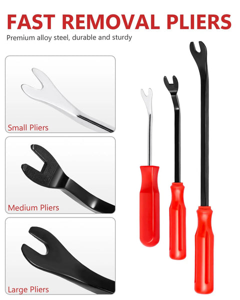 3-Piece Auto Fastener Remover Tool Kit for Car Door Panels and Dashboards with red handles and premium alloy steel pliers.