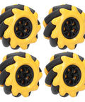 Four yellow and black 60mm Mecanum wheels with rubber tires for DIY robot car, front view, two pairs.