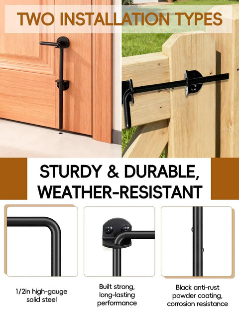 Heavy Duty Cane Bolt Gate Drop Rod Stopper For Wood Metal Vinyl Fences, Ground Pin Latch Keeps Gates Secure When Open Or Closed, 12 Inch, Black, 2 Pack shown installed on two types of fences.