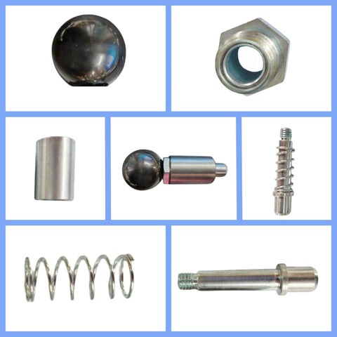 Components of Heavy Duty Steel Spring Loaded Ball Handle Pull Pin for Quick Change and Adjustable Height in Racking Systems.