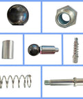 Various components including steel spring, ball, and pin for Heavy Duty Steel Spring Loaded Pull Pins For Home Gyms And Commercial Machines Half Inch Diameter Two Pack.
