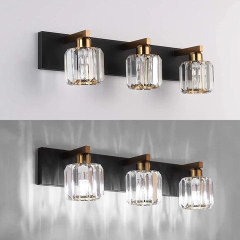 Three Light Black Crystal Vanity Light Fixture For Bathroom, Modern Wall Mount Bar, 23.6 Inch Long, 4.3 Inch Wide, 7.1 Inch Projection, Requires E26 Bulbs Not Included, Dimmable With Dimmer Switch