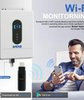 Rugged Heavy Duty 12000W Solar Hybrid Inverter with Wi-Fi module for monitoring, showing user interacting with mobile app.