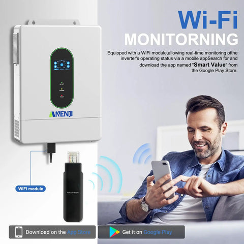 Rugged Heavy Duty 12000W Solar Hybrid Inverter with Wi-Fi module for monitoring, showing user interacting with mobile app.