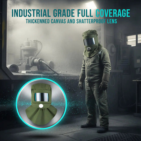 No Nonsense Heavy Duty Sand Blasting Hood With Curved PC Lens And Industrial Canvas Shawl Cap for full face coverage in a dusty workshop.
