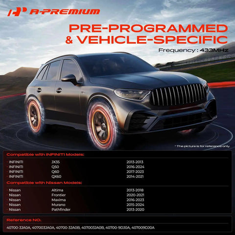 433MHz Pre Programmed TPMS Sensor Tire Pressure Monitor For Nissan Altima Frontier Maxima Murano Pathfinder And Infiniti Q50 Q60 QX60 JX35 Models With Plug And Play Setup Direct Fit And Accurate Readings, 433MHz, polyamide