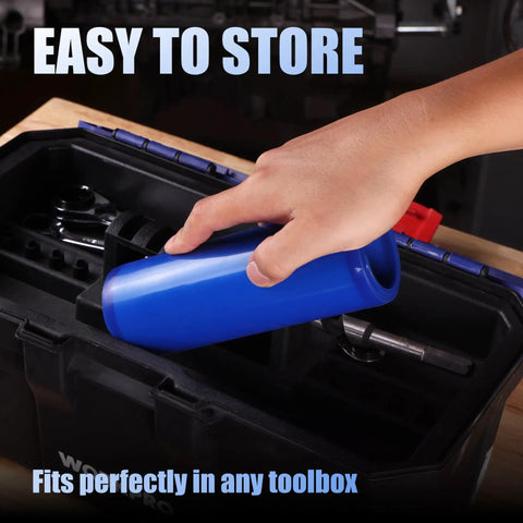 Flexible Oil Funnel For Auto And Industrial Use in blue being stored in black toolbox, showcasing foldable and durable design.