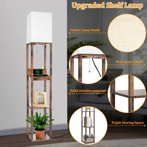 Must Have Floor Lamp With Shelves For Living Room And Bedroom, USB Ports A And C, Smart Wireless Charger, Rustic Brown