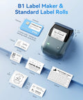 Super Slick 2 Inch Bluetooth Label Printer For Home Organization With Dead Simple Smartphone App Setup And Fast PC Sync Feature Wrapped In Vibrant Blue Shell displaying various label sizes and designs.