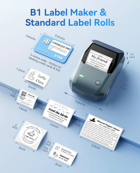 Super Slick 2 Inch Bluetooth Label Printer For Home Organization With Dead Simple Smartphone App Setup And Fast PC Sync Feature Wrapped In Vibrant Blue Shell displaying various label sizes and designs.
