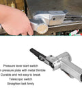 Top Shelf Pneumatic Belt Sander With Retractable Trigger And Ultra Thin Pressure Plate for smooth wood metal finishing, featuring a slim pressure plate.