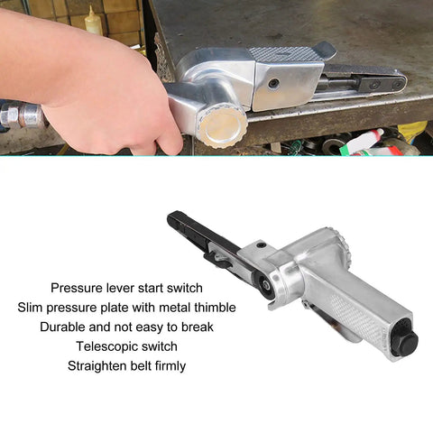 Top Shelf Pneumatic Belt Sander With Retractable Trigger And Ultra Thin Pressure Plate for smooth wood metal finishing, featuring a slim pressure plate.