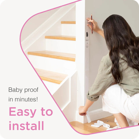 Woman installing retractable baby gate for indoor and outdoor use, extra wide 71 inch span and 33 inch tall, ideal for stairs