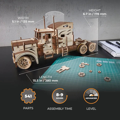 Heavy Duty 6 Cylinder Rubber Band Powered Truck Model Kit 3D Puzzle For Adults Semi Truck Hobby Build Brain Teaser Wooden Mechanical Kit For Home Decor And Collectors, wooden truck, 15.5 in