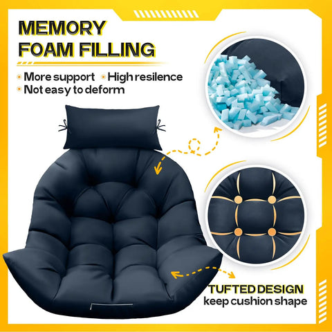 Egg Chair Cushion with Memory Foam for Hanging Indoors or Outdoors, super comfy headrest, tufted design, blue color