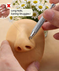 Ball grabber tool demonstrating use on silicone model with text highlighting earring insertion difficulty due to long nails.