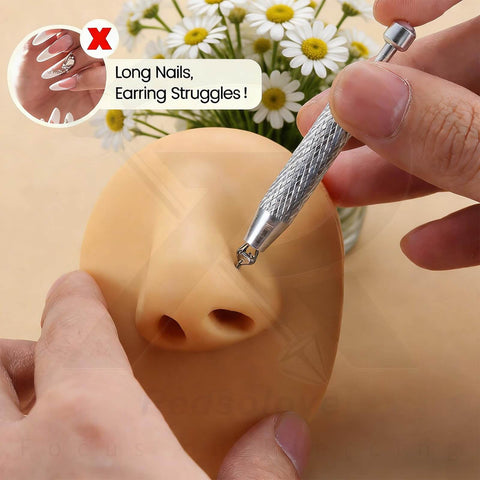 Ball grabber tool demonstrating use on silicone model with text highlighting earring insertion difficulty due to long nails.