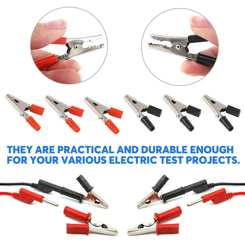 Close-up of 60 Piece 53mm Insulated Alligator Clip Kit Red Black Electrical Test Clips With Plastic Handles.