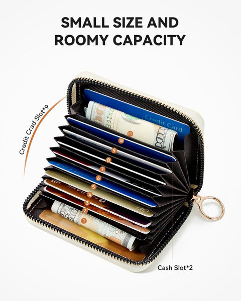RFID Leather Credit Card Holder For Women, Compact Zipper Wallet With 9 Card Slots And Accordion Design, open view with cash